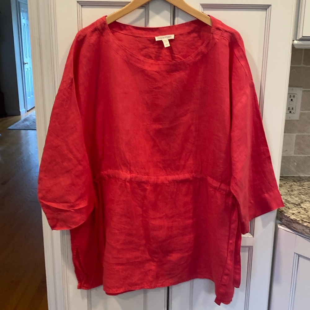 Eileen Fisher Coral Linen Tunic Top with Side Ties Large